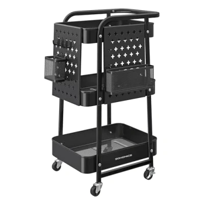 Afbeelding van SONGMICS LRC037B01 Opbergwagen, 3 metalen netplaten, 2 afneembare geperforeerde panelen, ophanghouders, 4 haken, voor kantoor, keuken, woonkamer, badkamer, inktzwart