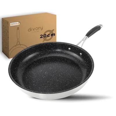 Afbeelding van DIVORY Ultimate Roestvrijstalen pan, 20 cm, inductie, anti aanbaklaag, voor alle warmtebronnen, ergonomische handgreep, vaatwasmachinebestendig (20 zwart)