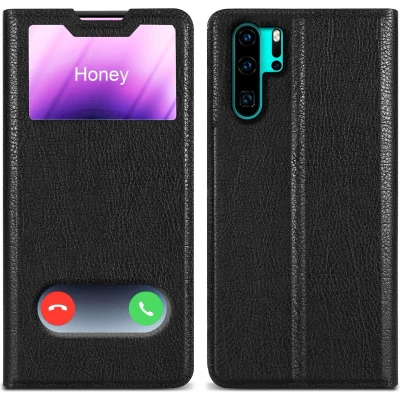Afbeelding van Cadorabo Hoesje geschikt voor Huawei P30 PRO in KOMEET ZWART Beschermhoes met magnetische sluiting, standfunctie en 2 kijkvensters Book Case Cover Etui