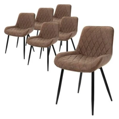 Afbeelding van ML Design Set van 6 Eetkamerstoelen Eetkamerstoel met rugleuning en armleuningen, bruin, PU kunstlederen zitting, metalen poten, keukenstoelen woonkamerstoelen gestoffeerde stoel