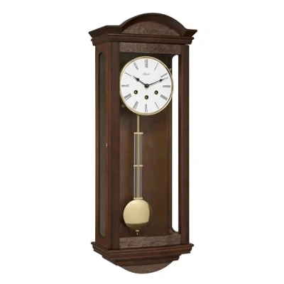 Afbeelding van Hermle slinger wandklok in wortelnotenhoutlook 71001 030341, 4/4 Westminster, bruin, 66cm x 25cm 14cm