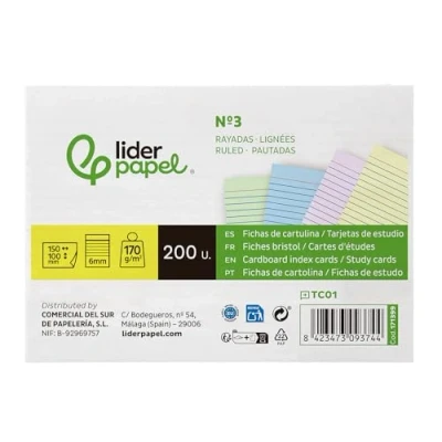 Afbeelding van Set van 200 Liderpapel indexkaarten om te studeren, gestreept gekleurd karton, 170 g/m², 125 x mm.