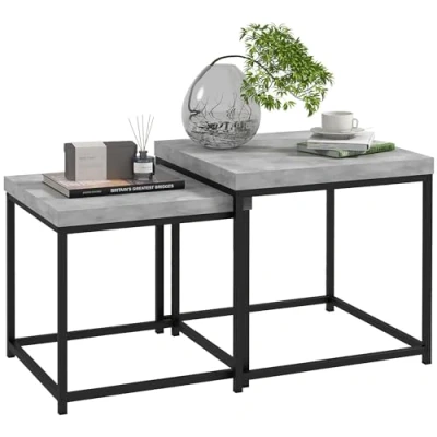Afbeelding van HOMCOM Set van 2 uittrekbare tafels, vierkante salontafels, woonkamertafels, stalen frame en houten dienbladen, grijs