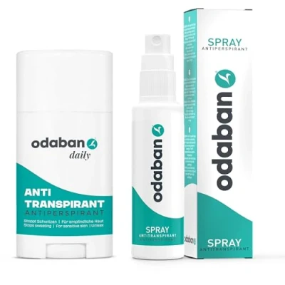Afbeelding van ODABAN Deo Stick Plus Spray anti transpirant set, transpiratie, tegen overmatig zweten, met aluminium voor zweet van handen, hoofd, oksels, hyperhidrose