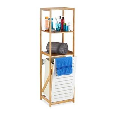 Afbeelding van Relaxdays badkamerrek met wasmand badkamerkast bamboe bamboerek smal vrijstaand hout