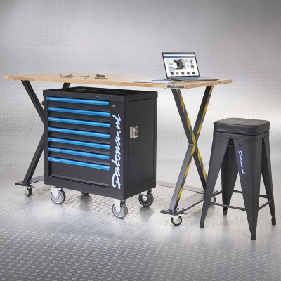 Afbeelding van Datona® Industriële werktafel 160 cm, werkplaatskruk en gereedschapswagen
