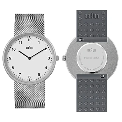 Afbeelding van Braun Analoog kwartshorloge met 2 wijzers en extra siliconen rubberen band, snelspanveerpennen, 38 mm., Zilver/Grijs, Klassiek