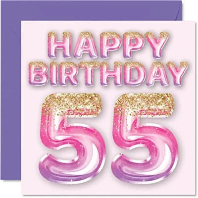 Afbeelding van Verjaardagskaart voor vrouwen Roze en paarse glitterballonnen Verjaardagskaarten 55 jaar, mama, oma, tante, 145 mm x mm,