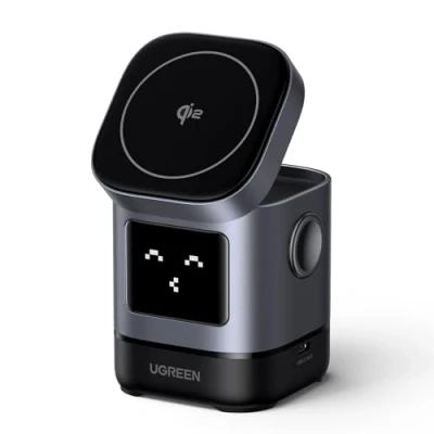 Afbeelding van UGREEN Uno Qi2 inductie oplader voor iPhone 2 in 1, 15 W, compatibel met MagSafe 16 Plus Pro Max 14 13 12 Mini AirPods 3 draadloze oplader, magnetisch, opvouwbaar, emoji status
