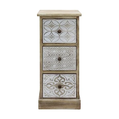 Afbeelding van Rebecca Mobili Commode met 3 laden, nachtkastje smal Shabby, wit beige hout, entree slaapkamer afmetingen: 63 x 29 25 cm (h b d) art. RE6535