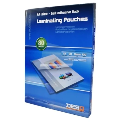 Afbeelding van DESQ® Lamineerhoes A4 80 micron Zelfklevende Rug Glanzend 100 stuks 216 x 303 mm Premium 71148