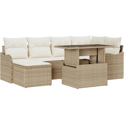 Afbeelding van vidaXL 7 delige tuin sofa set met kussens beige poly riet