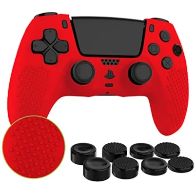 Afbeelding van MyGadget Siliconen hoes compatibel met PS5 controller INCL. 8 dopjes voor Joysticks (klein groot) beschermhoes Playstation 5 Dualsense Wireless in rood