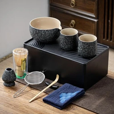 Afbeelding van TEANAGOO matcha set + 2 kopjes met opbergdoos, 12 reisstukken, keramiek, mok (18 oz), (7,2 bamboe garde, zeef, WS1, houtskoolgrijs, rock,