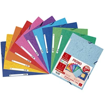 Image de Exacompta Réf. 55510AMZE Un lot de 11 chemises à élastiques 3 rabats en carte lustrée (10 + 1 gratuite) 24x32 cm 400 g/m² Format classer A4 10 couleurs assorties