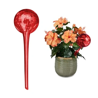 Afbeelding van Relaxdays waterdruppelaar glas set van 2 waterbol watergeefsysteem kamerplanten rood