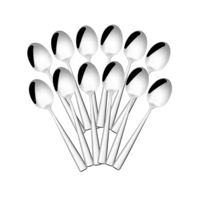 Afbeelding van Otto Koning Leipzig Set van 12 theelepels roestvrij staal, kleine lepel met hoogglans gepolijste afwerking, modern en elegant design.