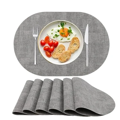 Afbeelding van Set van 6 ovale placemats kunstleer, wasbaar, hittebestendig, voor eetkamer, keuken, grijs