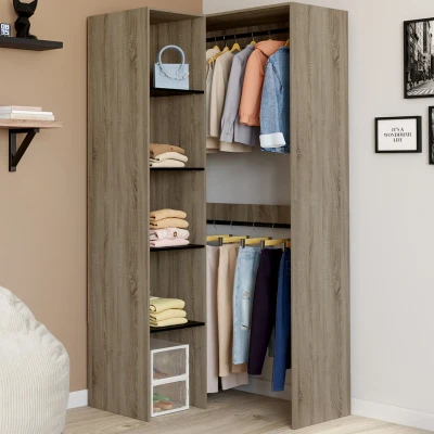 Image de Dressing d&#039;angle modulable L. 90 / 127 cm double penderie + étagères bois et noir IDMarket