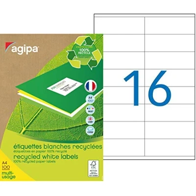 Afbeelding van APLI Agipa Gerecycled papier mat permanente kleeflaag wit 105 x 35 mm 1600 etiket(ten) (100 vel(len) 16) doos etiketten