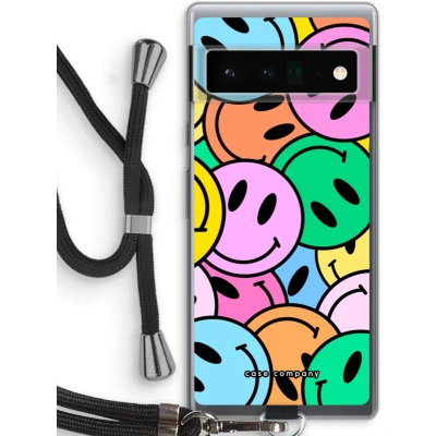 Afbeelding van Case Company® hoesje met Koord geschikt voor Google Pixel 6 Pro Smiley N1 Telefoonhoesje Zwart Bescherming aan alle Kanten en Over de Schermrand