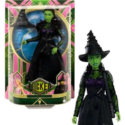Image de Mattel Wicked Poupée Elphaba et accessoires avec peau verte, cheveux noirs tressés, différentes poses possibles look robe de bal extensible, HXT62, multicolore