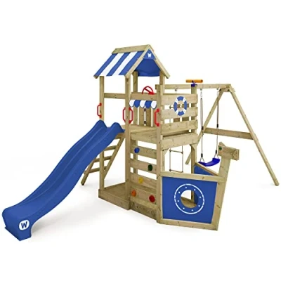 Afbeelding van WICKEY speeltoestel klimtoestel SeaFlyer met schommel &amp; blauwe glijbaan, outdoor klimtoren voor kinderen zandbak, ladder speelaccessoires de tuin