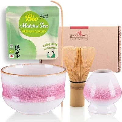 Afbeelding van Goodwei matcha theeset biologische Japanse thee met bamboe garde, keramische ceremonieschaal en gardehouder, geschenkdoos (Kiku)