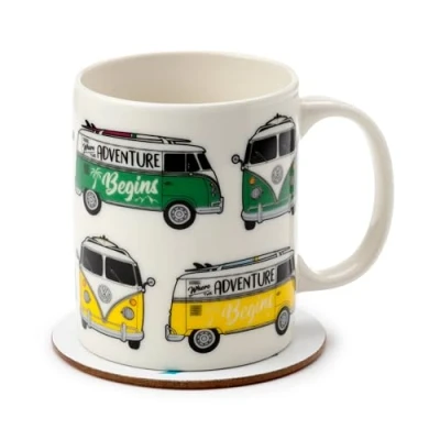 Afbeelding van VW T1 Volkswagen Busje Porselein Mok &amp; Onderzetter