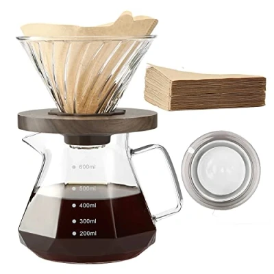 Afbeelding van Lalord Koffiezetapparaat van borosilicaatglas, 600 ml, met papieren filter, 100 vellen, walnoothandvat, druppelkoffiezetapparaat voor thuis, café, restaurant, camping, kan bevatten