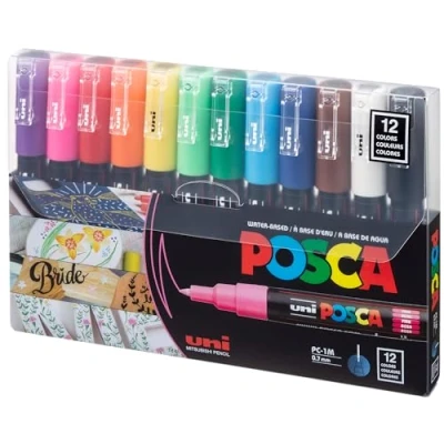 Afbeelding van Uni Posca PC 1M12C Set van 12 gekleurde verfstiften met extra dunne punt, paars, roze, rood, oranje, geel, lichtgroen, groen, lichtblauw, blauw, bruin, wit, zwart