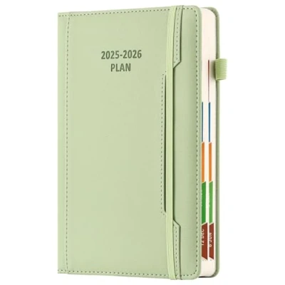 Afbeelding van Academische agenda 2025 26, DIN A5, één pagina per dag, van juli tot juni 2026, hardcover met penhouder, voorvak en gekleurd maandtabblad, elastische sluiting (groen)