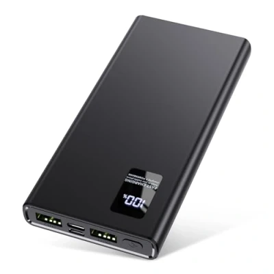 Afbeelding van Externe batterij voor mobiele telefoon met zaklamp, led display, compatibel iPhone 14 13 12 Samsung Huawei Xiaomi, zwart, 12000 mAh, zwart.