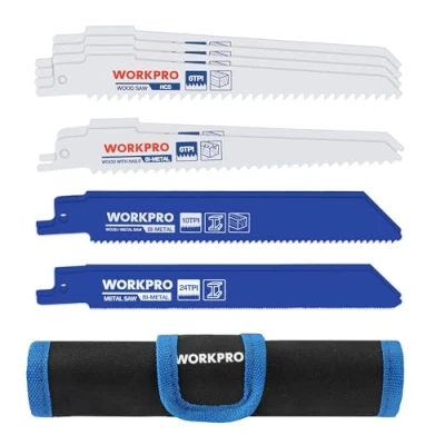 Afbeelding van WORKPRO 10 stuks reciprozaagbladen voor het zagen van metaal/hout, bimetaal/HCS met opbergtas, compatibel de meeste reciprozagen