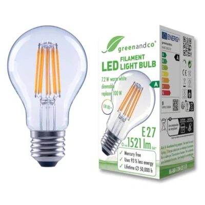 Afbeelding van greenandco Heldere led filamentlamp, dimbaar, E27 A60, 7,2 W, 1521 lm, vervangt 100 3000 K, warmwit, 320 graden, 230 V, flikkervrij, energieklasse A