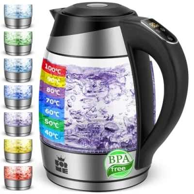 Afbeelding van ForMe Elektrische waterkoker van glas, 1,8 l, regelbare thermostaat, temperatuurkeuze 40 100 C, zeven kleuren ledverlichting, warmhoudfunctie, theepot, BPA vrij (418)