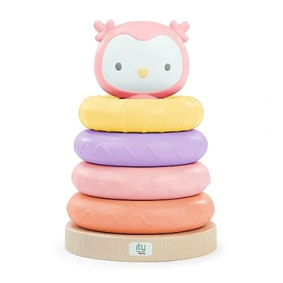 Afbeelding van ITY by INGENUITY Cutie Stacks Nally, 4 BPA vrije stapelbare bijtringen, steun van imitatiehout, beer, roze, vanaf 6 maanden