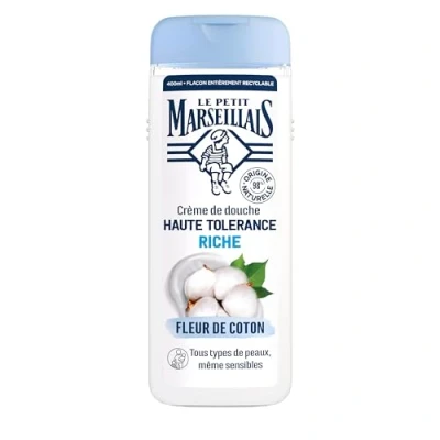 Image de Le Petit Marseillais, Crème de Douche Haute Tolérance Riche Fleur Coton (flacon 400 ml) 98% d&#039;ingrédients d&#039;origine naturelle Pour tous types peaux, même sensibles
