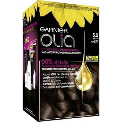 Afbeelding van Garnier Olia Permanente haarverf, zonder ammoniak, met natuurlijke bloemoliën, licht kastanjebruin (5.0)