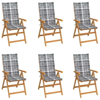 Afbeelding van Tuinstoelen 6 st met grijs geruite kussens massief teakhout