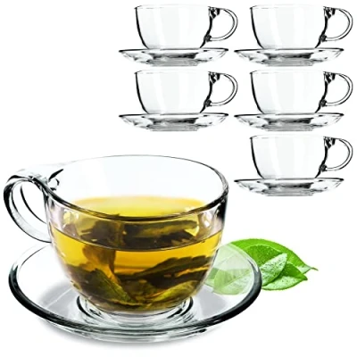 Afbeelding van KADAX Lea Set van 6 transparante glazen kopjes met schoteltjes, 200 ml/250 ml, theekopjes, koffiekopjes schoteltjes