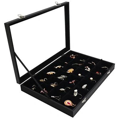 Afbeelding van Belle Vous Zwart Velours Sieraden Organiser Display Doos Tray, 24 Secties &amp; Glazen Deksel Stapelbare Tray voor Lades Aanpasbare Opslag Raster Ringen, Ketting, Armbanden, Oorbellen en Horloges