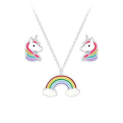 Afbeelding van Zilveren unicorn kinderoorbellen en regenboog ketting eenhoorn oorknopjes meisje zilver kinderketting kindersetje oorstekers kindersieraden sets Zilverana Sterling 925 Silver