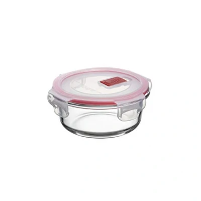 Afbeelding van TATAY Glazen voedselcontainer, luchtdicht, 0,4 l, klemdeksel, BPA vrij, geschikt voor magnetron, oven, vriezer en vaatwasser, rood. Afmetingen: 13,7 x 6,2 cm