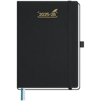 Afbeelding van BEZEND Agenda 2025 2026 A5 21 x 15,5 cm Weekplanner 25 26 met dubbel tijdschema 1 week 2 pagina&#039;s 18 maanden van jul tot december Harde PU lederen omslag Zwart