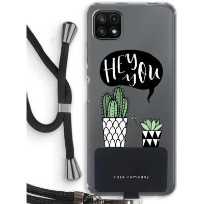 Afbeelding van Case Company® hoesje met Koord geschikt voor Samsung Galaxy A22 5G Hey you cactus Telefoonhoesje Zwart Bescherming aan alle Kanten en Over de Schermrand