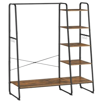 Afbeelding van VASAGLE Kapstok op poten, schoenenkast entree, garderobe, met 5 legplanken, 6 haken, voor slaapkamer, woonkamer, hal, industriële stijl, rustiek bruin en zwart RGR116B01
