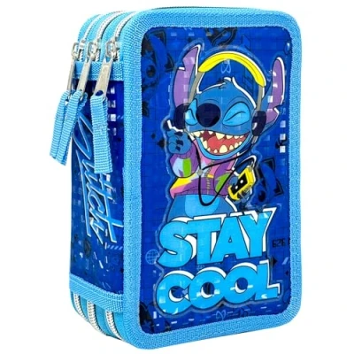 Afbeelding van Clondo Etui met 3 vakken, 3D kinderen, jongens en meisjes, drievoudige vulling, 44 accessoires voor school, jongens, ritssluitingen, 20 cm, viltstiften, potloden, schrijfwaren, Stitch 24a,