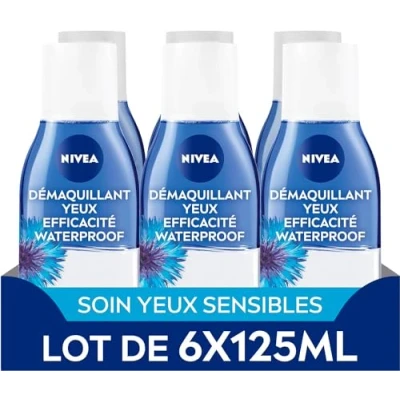 Afbeelding van NIVEA Double Action Oogmake up remover met korenbloem (6 x 125 ml), waterdichte make verrijkt gezuiverd water, gezichtsverzorging voor dames alle huidtypes