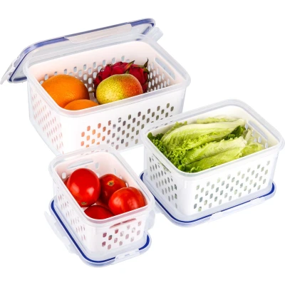 Afbeelding van Belle Vous Set van 3 opbergdozen met afdruipmand, herbruikbare kunststof voedselorganizer voor groenten en fruit, vaatwasser magnetron